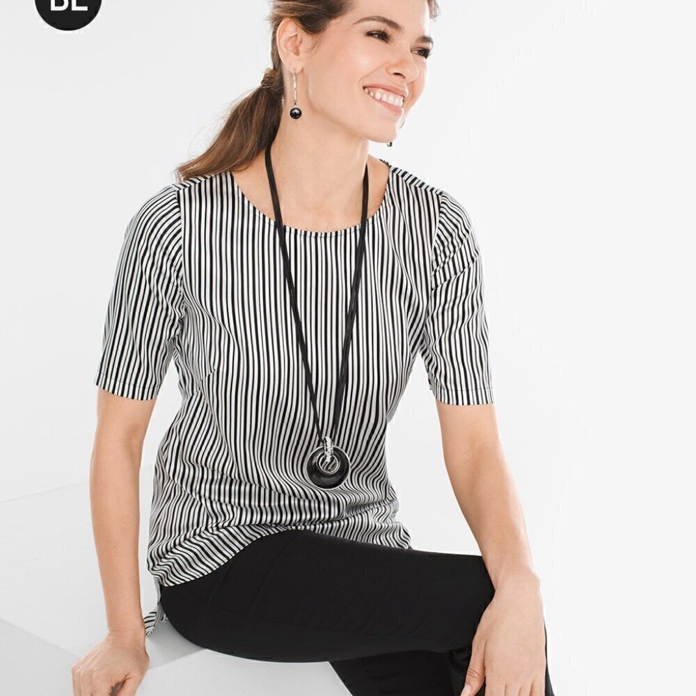 Chico's Black Label Black White Stripe Silk Short Sleeve Top